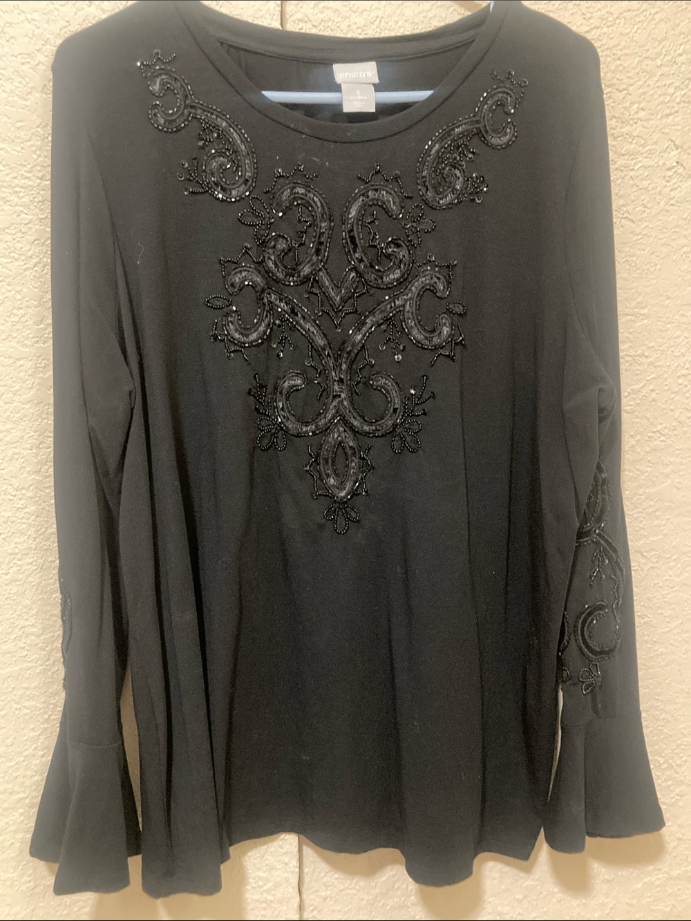Chico's Black Long-Sleeve Beaded Embellished Top